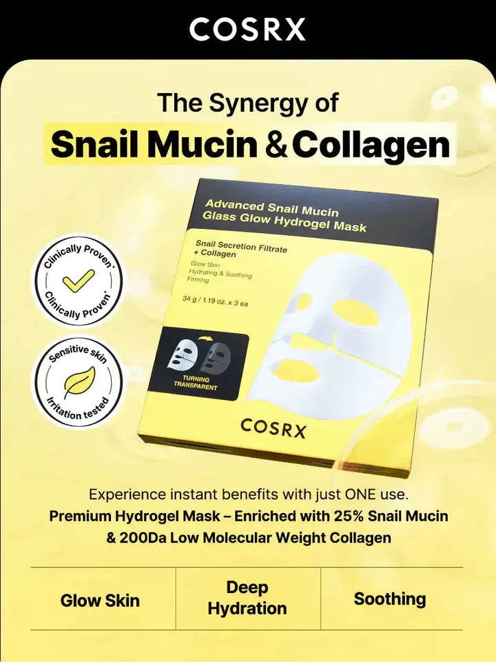 COSRX – Advanced Snail Mucin Glass Glow Hydrogel Mask 3-Pack